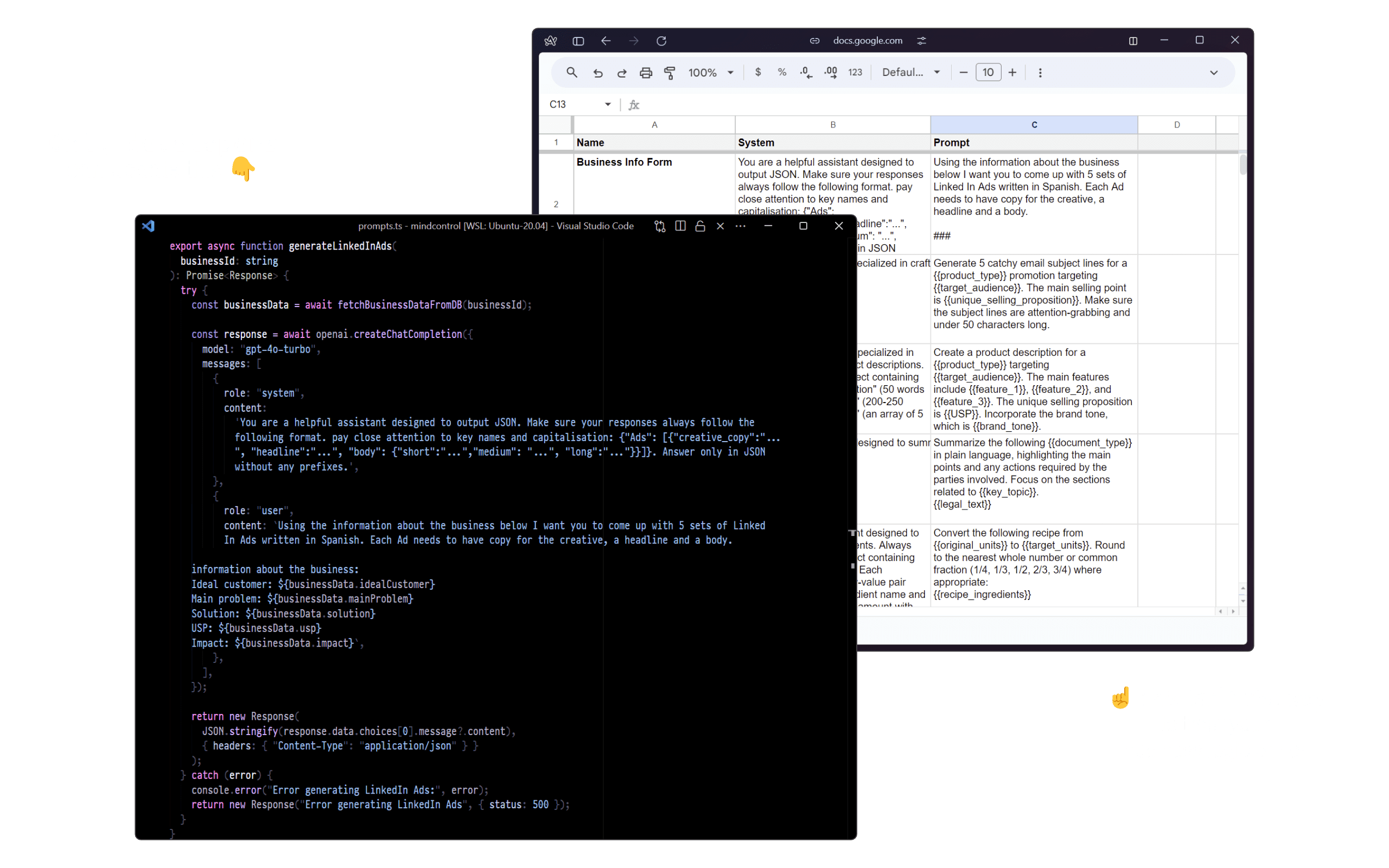 An illustration showing prompts stored in a source code and a Google Sheet document